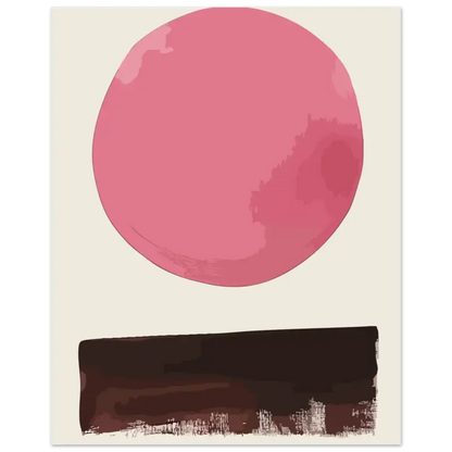 Une impression d’art abstrait minimaliste mettant en vedette une forme circulaire rose audacieuse au-dessus d’une bande horizontale marron foncé.