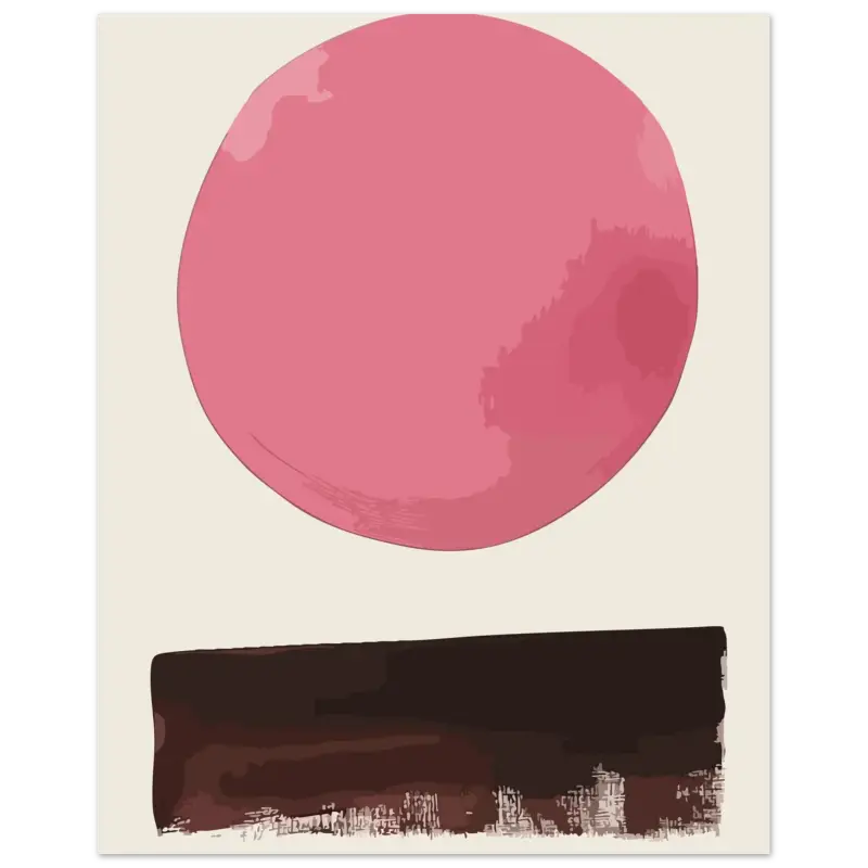 Une impression d’art abstrait minimaliste mettant en vedette une forme circulaire rose audacieuse au-dessus d’une bande horizontale marron foncé.