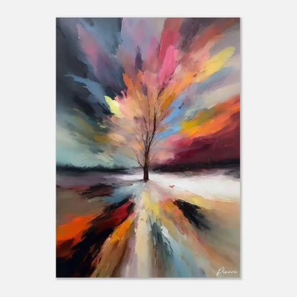 Une peinture abstraite vibrante présentant un arbre solitaire aux branches nues sur fond d’un ciel dynamique aux tourbillons de roses, violets, oranges et bleus.