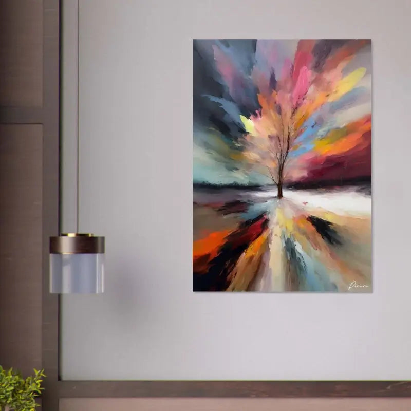 Peinture abstraite vibrante mettant en scène un arbre solitaire avec des coups de pinceau audacieux et amples de rose, orange, jaune et bleu sur un ciel sombre.