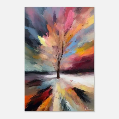 Une peinture abstraite vibrante mettant en scène un arbre solitaire aux branches nues sur fond d’un ciel dynamique tourbillonnant de roses, d’oranges et de violets.