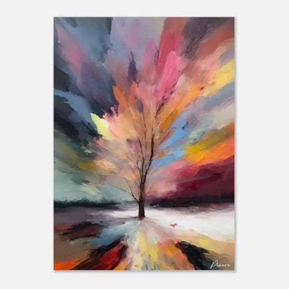 Peinture abstraite vibrante mettant en scène un arbre solitaire aux branches nues sur fond d’un ciel dynamique tourbillonnant de roses, d’oranges et de violets.