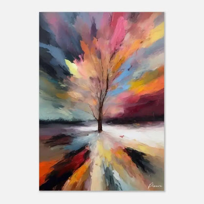 Une peinture abstraite vibrante mettant en scène un arbre solitaire aux branches nues sur fond d’un ciel dynamique tourbillonnant de roses, d’oranges et de violets.