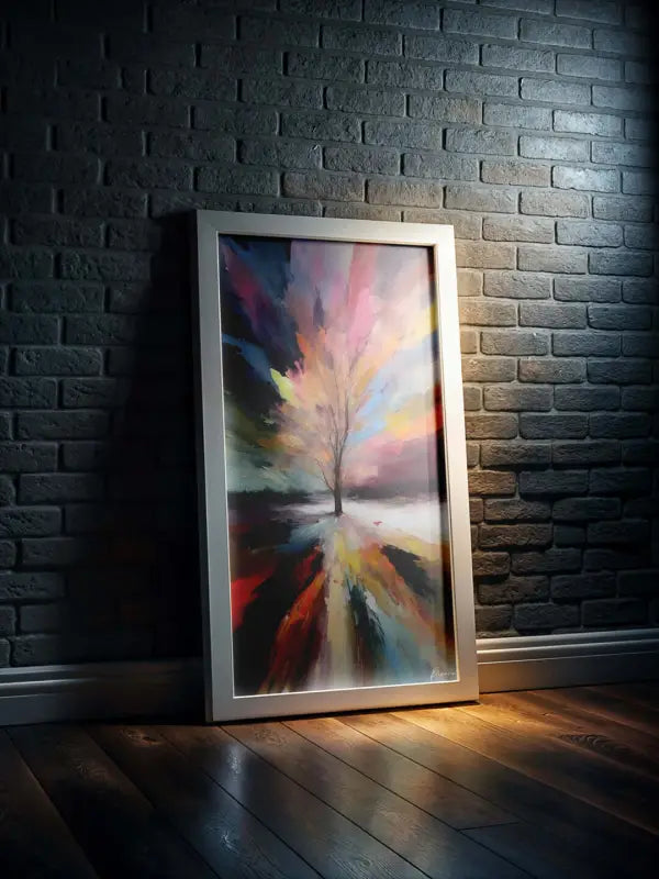 Une peinture abstraite moderne à cadre argenté représentant un arbre solitaire avec des couleurs vives et tourbillonnantes de rose, orange et bleu sur un fond sombre.