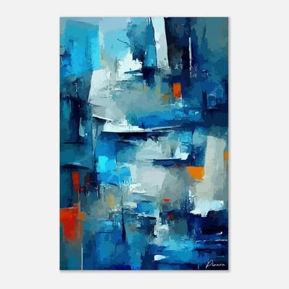 Peinture abstraite mettant en scène des coups de pinceau audacieux en bleu, blanc et orange.