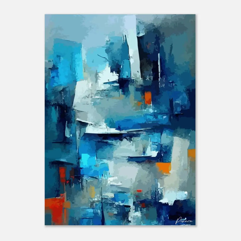 Peinture abstraite mettant en scène des coups de pinceau audacieux en bleu, blanc et orange.