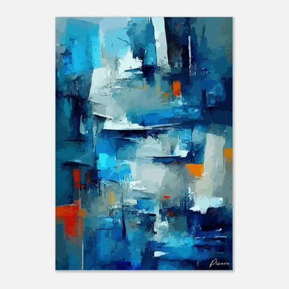 Peinture abstraite mettant en vedette des teintes bleues audacieuses avec des accents d’orange et de blanc, rendue en coups de pinceau texturés.