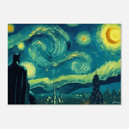 La silhouette de Batman se dresse contre un ciel nocturne tourbillonnant et étoilé, rendu en teintes vibrantes de turquoise et de jaune.