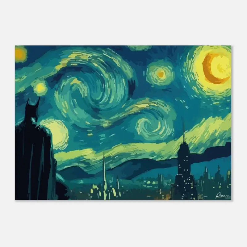 La silhouette de Batman se dresse contre un ciel nocturne tourbillonnant et étoilé, rendu en teintes vibrantes de turquoise et de jaune.