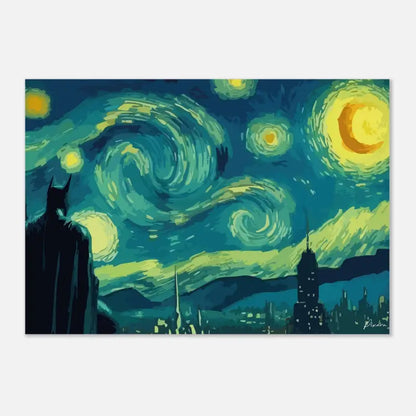Une impression sur toile stylisée de « La Nuit étoilée » de Vincent van Gogh, réimaginée avec une silhouette de Batman et un paysage urbain, rendue en bleus tourbillonnants, jaunes et verts profonds.