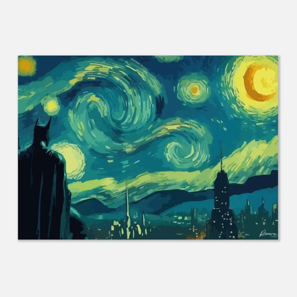 Impression d’art silhouette de Batman présentant un ciel nocturne étoilé tourbillonnant en teal et jaune avec une skyline en dessous.