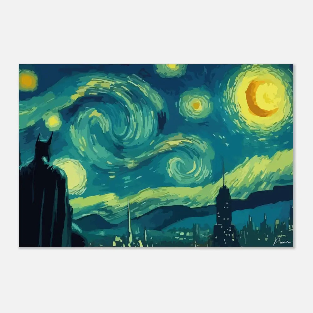 Impression d’art de paysage urbain sous un ciel étoilé mettant en scène une silhouette de Batman sur fond de ciel tourbillonnant en teal et jaune avec des corps célestes lumineux.
