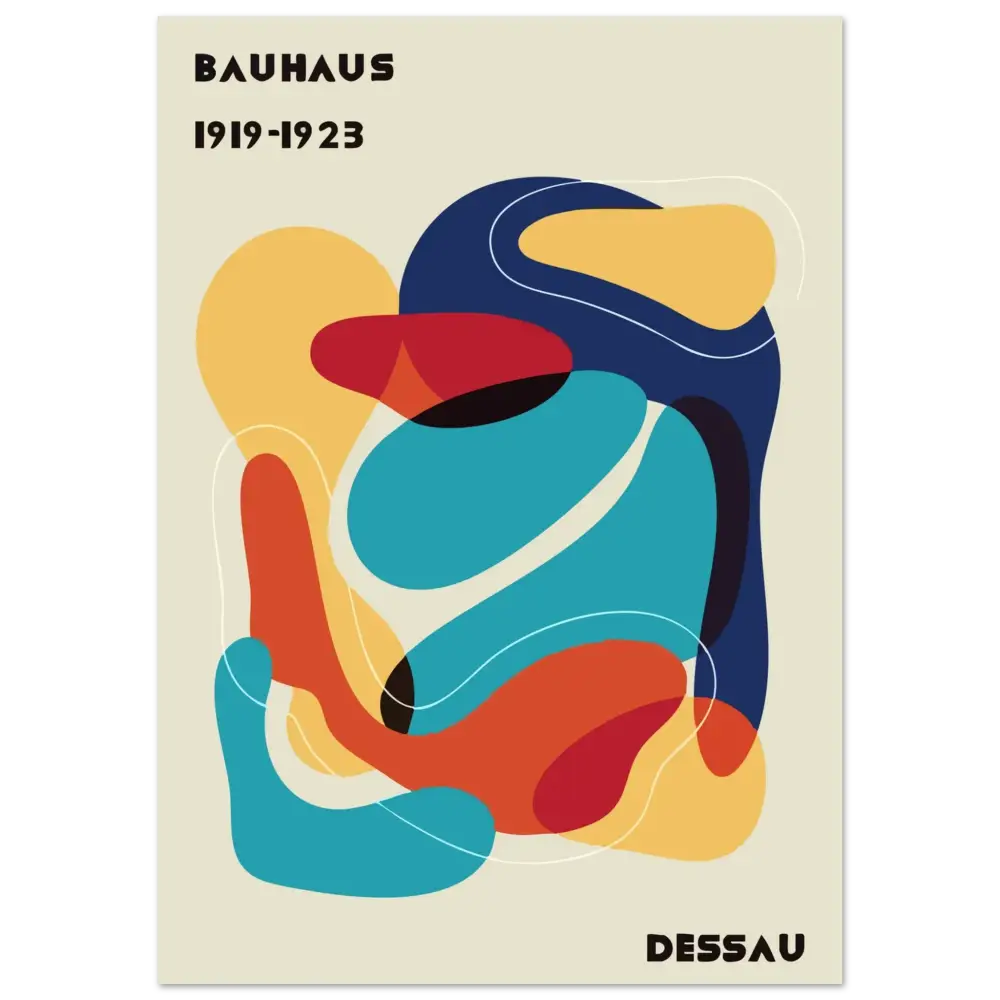 Affiche d’art abstrait mettant en scène des formes audacieuses et fluides en bleu, rouge, orange et jaune sur un fond crème.