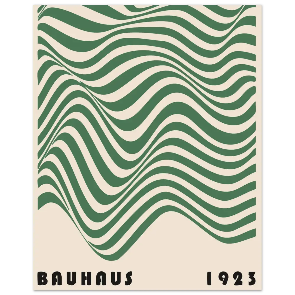 Une affiche Bauhaus de style vintage présentant des rayures vertes et crème audacieuses et ondulantes avec « bauhaus 1923 » imprimé en bas.