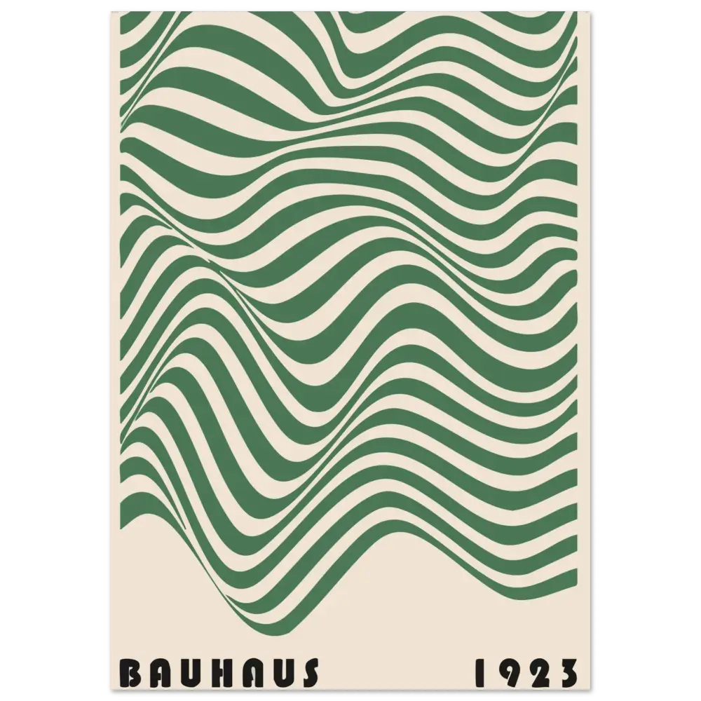 Une affiche Bauhaus de style vintage présentant des rayures vertes et crème audacieuses et ondulantes avec « bauhaus 1923 » imprimé en noir en bas.