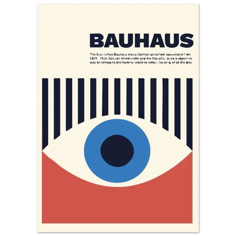 Un poster minimaliste bauhaus mettant en scène un œil stylisé avec un iris bleu audacieux et une pupille noire, encadré par des rayures verticales bleu marine en haut et une section inférieure rouge unie.