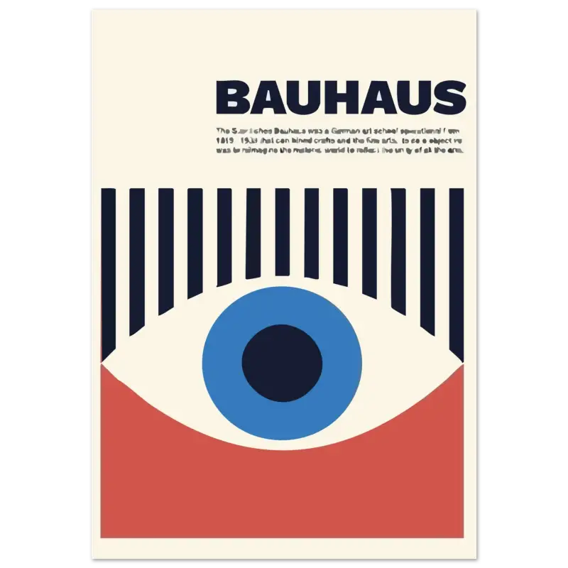 Une affiche minimaliste à thème Bauhaus présentant un œil stylisé avec un iris bleu audacieux et une pupille noire, encadré par des rayures verticales bleu marine au-dessus et une section inférieure rouge unie.