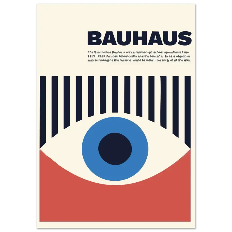 Un poster minimaliste de style Bauhaus présentant un œil stylisé avec iris bleu audacieux, pupille noire et section inférieure rouge sur fond crème.