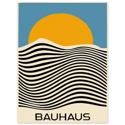Affiche de style Bauhaus présentant un soleil orange stylisé au-dessus de lignes ondulées noires et crème sur un ciel bleu.