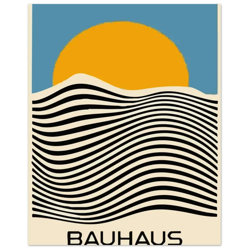 Une affiche minimaliste de style Bauhaus mettant en scène un soleil orange stylisé au-dessus de lignes ondulées noires et crème sur un ciel bleu.