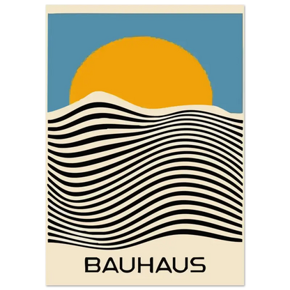 Affiche de style Bauhaus présentant un soleil orange stylisé au-dessus de lignes ondulées noires et crème sur un ciel bleu.