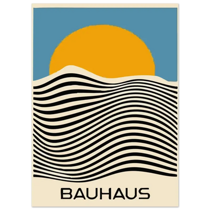 Affiche de style Bauhaus mettant en scène un soleil orange stylisé au-dessus de lignes ondulées noir et blanc sur un ciel bleu.