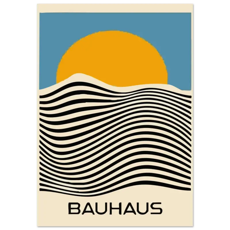 Affiche de style Bauhaus présentant un soleil orange stylisé au-dessus de lignes ondulées noir et blanc sur un ciel bleu.