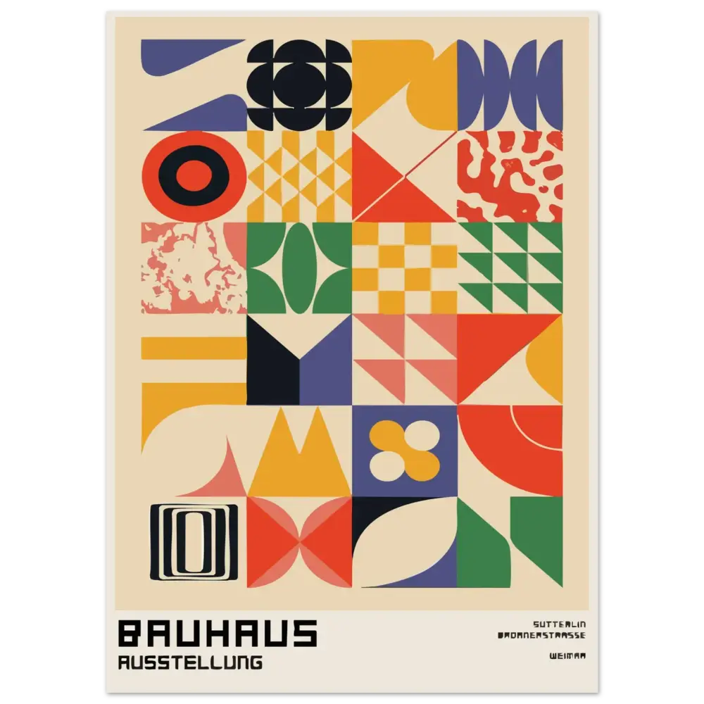 Affiche abstraite géométrique vibrante mettant en scène un design d’exposition Bauhaus avec des couleurs primaires et secondaires audacieuses sur un fond crème.