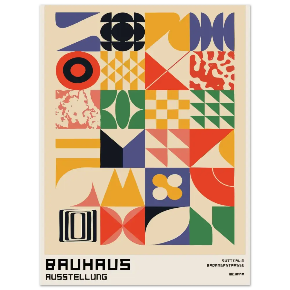 Affiche abstraite géométrique vibrante mettant en scène la marque de l’exposition Bauhaus.