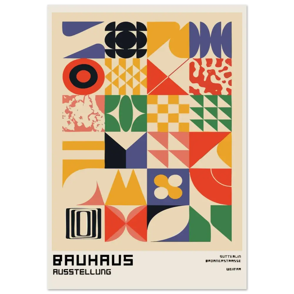 Affiche géométrique vibrante mettant en scène un design d’exposition Bauhaus avec des couleurs primaires et secondaires audacieuses sur un fond crème.