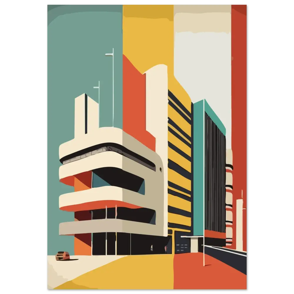 Une illustration stylisée d’un bâtiment moderniste aux formes géométriques audacieuses, avec des accents crème et orange sur des panneaux teal et jaune.