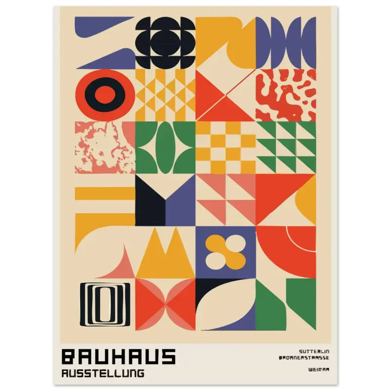 Affiche abstraite géométrique vibrante mettant en scène la marque de l’exposition Bauhaus.