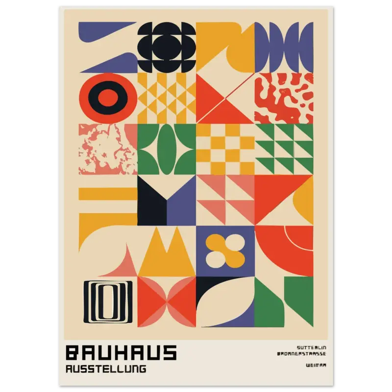 Affiche abstraite géométrique vibrante mettant en scène un design d’exposition Bauhaus avec des couleurs primaires et secondaires audacieuses sur un fond crème.