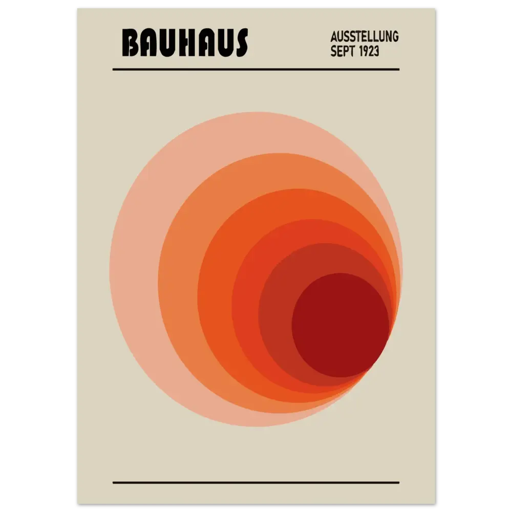 Un poster minimaliste Bauhaus présentant des cercles concentriques orange et rouge sur un fond beige avec du texte noir.