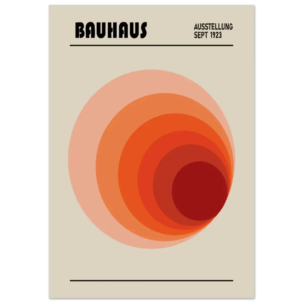 Une affiche minimaliste présentant des cercles concentriques orange et rouge sur un fond beige, avec le texte « bauhaus » en haut.