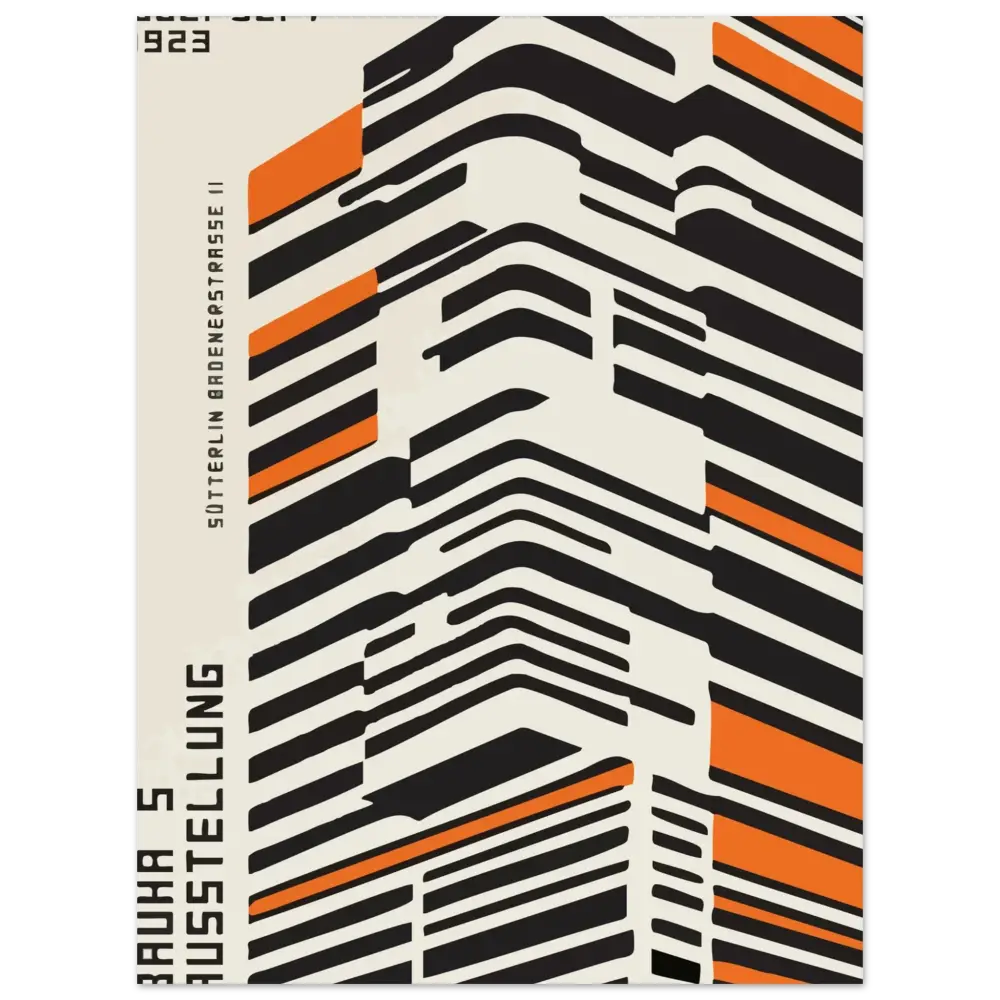 Affiche abstraite mettant en scène des rayures géométriques audacieuses en noir, blanc et orange disposées dans un motif en zigzag dynamique.