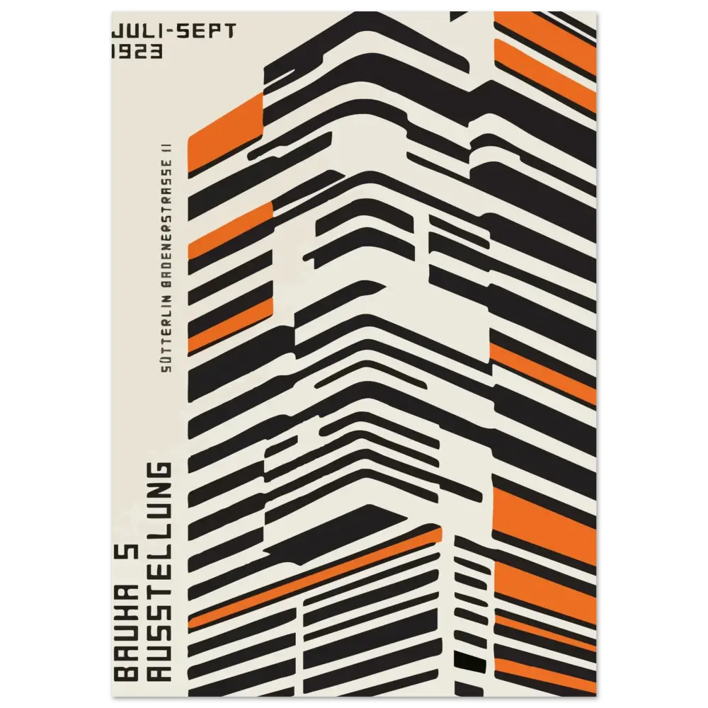 Un poster audacieux et géométrique présentant des rayures noires et orange sur un fond crème avec du texte en noir.