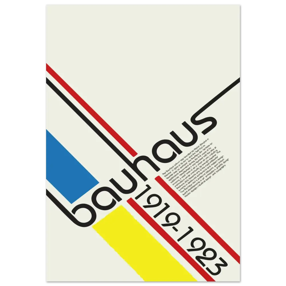 Affiche bauhaus minimaliste présentant une typographie noire audacieuse sur un fond crème, accentuée par des bandes diagonales rouges et bleues intersectant des blocs jaunes.