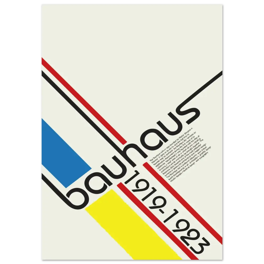 Affiche bauhaus minimaliste présentant une typographie noire audacieuse sur un fond crème, accentuée par des rayures diagonales rouges et bleues intersectant avec des blocs jaunes.