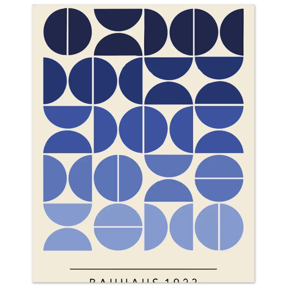 Une affiche d’art abstrait minimaliste présentant une grille de demi-cercles bleu marine et bleu clair sur un fond blanc cassé, avec le texte « baiyuan 1923 » au bas.
