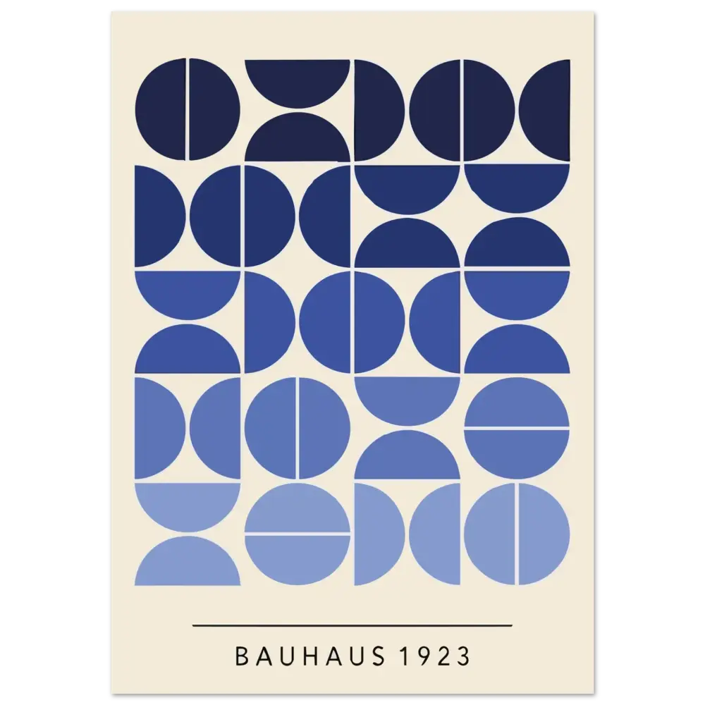 Une affiche minimaliste inspirée du Bauhaus présentant une grille de formes géométriques circulaires bleu marine et bleu clair sur un fond blanc cassé, avec le texte « bauhaus 1923 » en bas.
