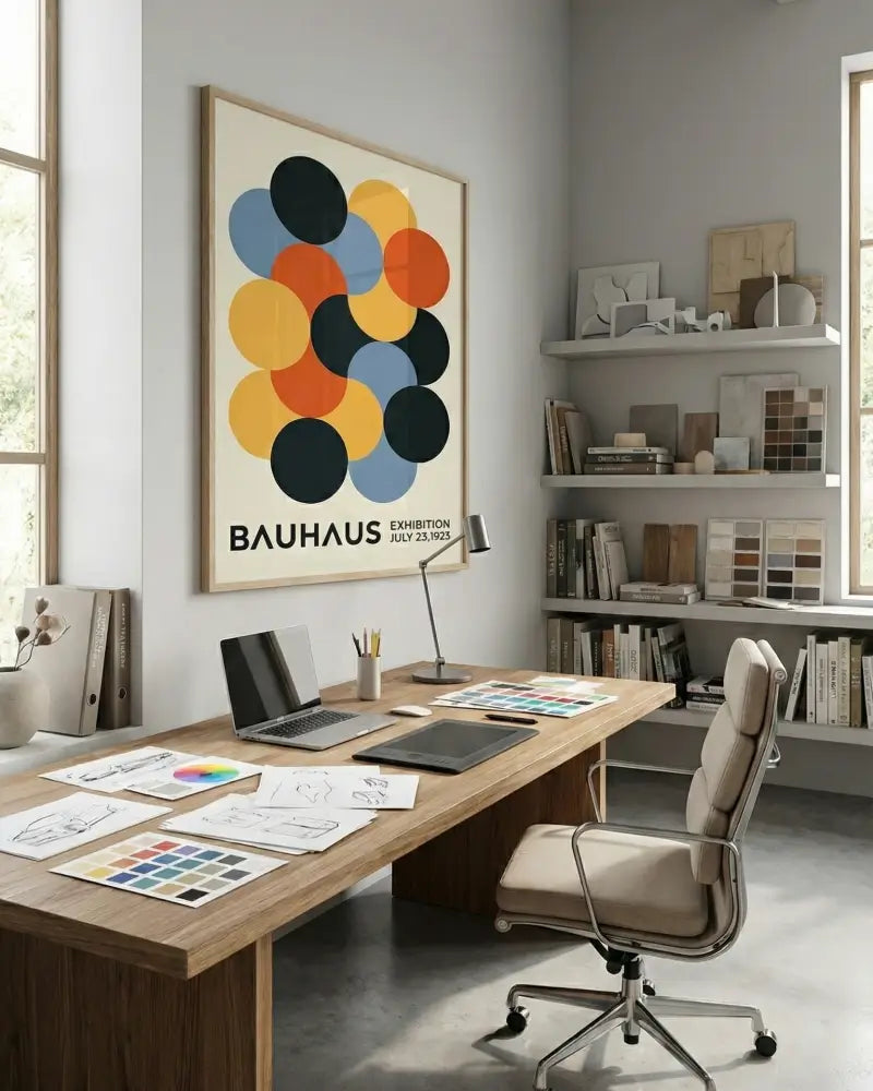 Une affiche Bauhaus encadrée présentant des cercles superposés en noir, orange, jaune et bleu sur un fond crème.