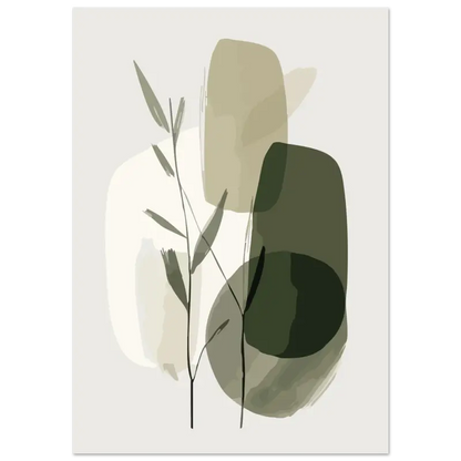 Estampe d’art botanique abstrait mettant en scène des tiges foliaires stylisées vertes et beige sur fond de formes géométriques douces et superposées sur un arrière-plan clair.