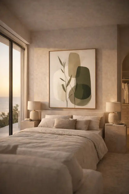 Une œuvre abstraite encadrée avec des formes organiques aux tons beige doux, vert olive et crème sur un fond neutre.