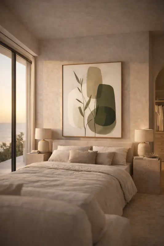 Une œuvre abstraite encadrée avec des formes organiques aux tons beige doux, vert olive et crème sur un fond neutre.