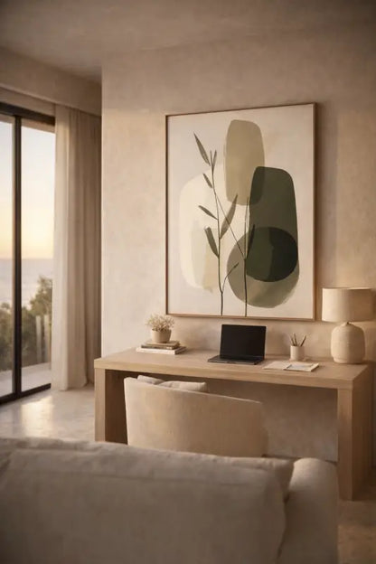 Une estampe d’art abstrait minimaliste mettant en scène des formes organiques superposées en tons olive, beige et crème atténués sur un fond clair.