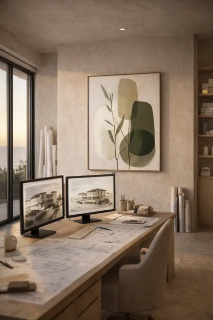 Bureau minimaliste moderne avec finition en bois clair et tiroirs intégrés, comportant deux moniteurs à cadre noir affichant des plans d’architecture.