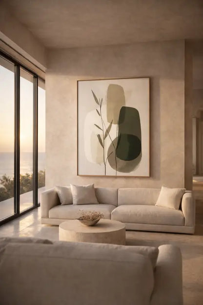 Une peinture abstraite minimaliste avec des formes organiques superposées en vert et beige sur un fond de couleur crème, encadrée dans un bois simple.