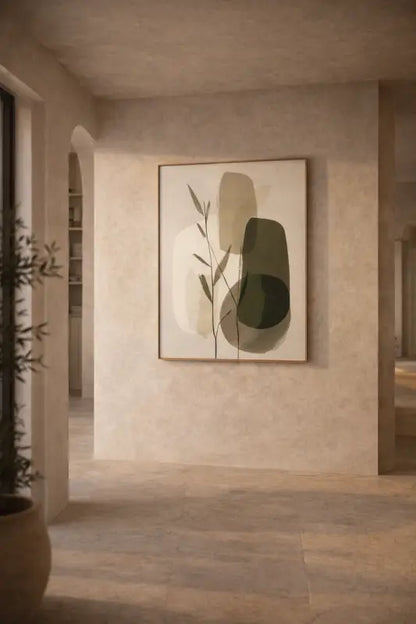 Une peinture abstraite minimaliste avec des formes géométriques en beige doux, vert olive et crème, encadrée dans un cadre en bois clair simple.