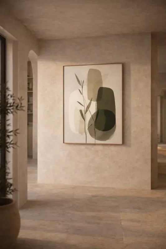 Une peinture abstraite minimaliste avec des formes géométriques en beige doux, vert olive et crème, encadrée dans un cadre en bois clair simple.